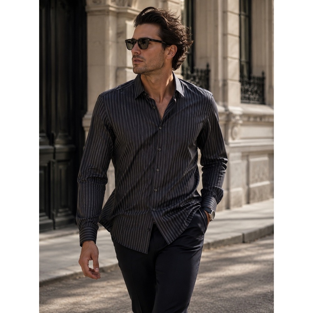 Calvin Klein Mens Striped Long Sleeve Button Down Dress Shirt Charcoal 15.5